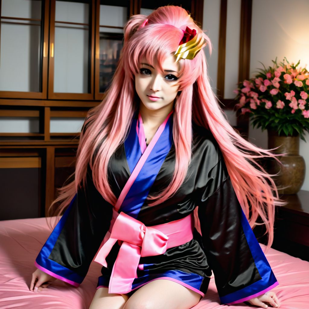 lacus clyne, cute, asian, satin silk kimono, black kimono, long sleeves, long hair, pink hair, hair ornament, luxury living room, full body image