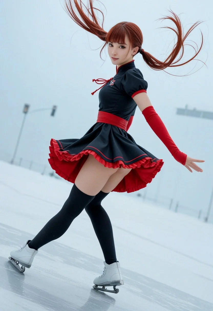 score_9, score_8_up, score_7_up, score_6_up,
1girl, 25 years old, perfect face, (adult), sexy,
brown eyes,
red hair, very long hair, twintails, sidelocks, blunt bangs, floating hair,
pom pom (clothes), black red kung fu dress, puffy short sleeves, black skirt, frilled skirt,
black thighhighs,
figure skating, ice skating, skating rink, ice skates, dynamic angle, dynamic pose, from behind, looking back at viewer,
winter,
