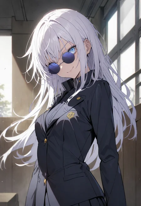 score_9, score_8_up, score_7_up, score_6_up, masterpiece, best quality, absurdres, cinematic, perfect composition, solo, 1girl, medium breast, gojou satoru, blue eyes, white hair, long hair, round sunglasses, jacket, black jacket, gakuran, school uniform, high collar, smirk, standing, looking at viewer,