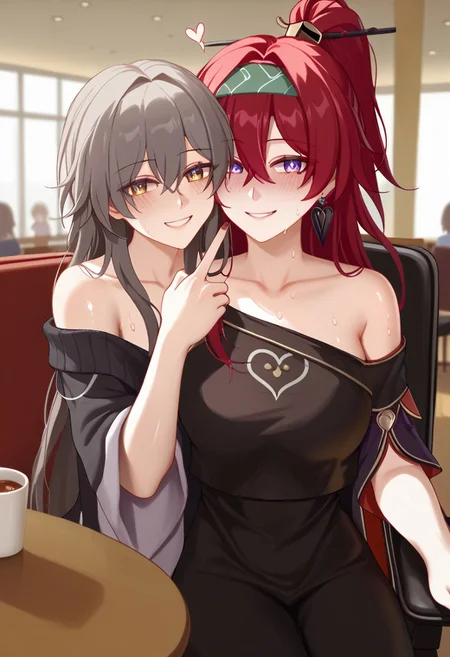 blush, smile, 2girls, sitting, heart, sweat, off shoulder, yuri, chair, couple, selfie, looking at viewer, cafe, Yinlin, Stelle \(Honkai: Star Rail\), hug, foreshortening, depth of field, v, reaching towards viewer