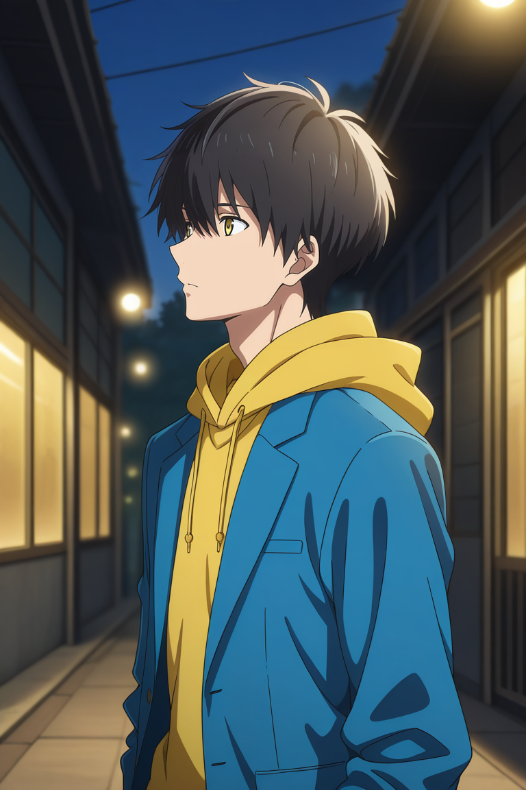 masterpiece, best quality, amazing quality, very aesthetic, high resolution, ultra-detailed, absurdres, newest, scenery, volumetric lighting, depth of field,anime screencap, , , 1boy, solo, male focus, <lora:kuro:0.83>, kuro sakuragawa,black hair,yellow eyes,short hair,jacket, upper body, yellow hood, hoodie, blazer, blue jacket,looking to the side,outdoors,from side