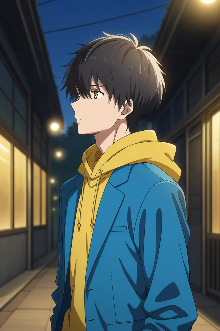 masterpiece, best quality, amazing quality, very aesthetic, high resolution, ultra-detailed, absurdres, newest, scenery, volumetric lighting, depth of field,anime screencap, , , 1boy, solo, male focus, <lora:kuro:0.83>, kuro sakuragawa,black hair,yellow eyes,short hair,jacket, upper body, yellow hood, hoodie, blazer, blue jacket,looking to the side,outdoors,from side