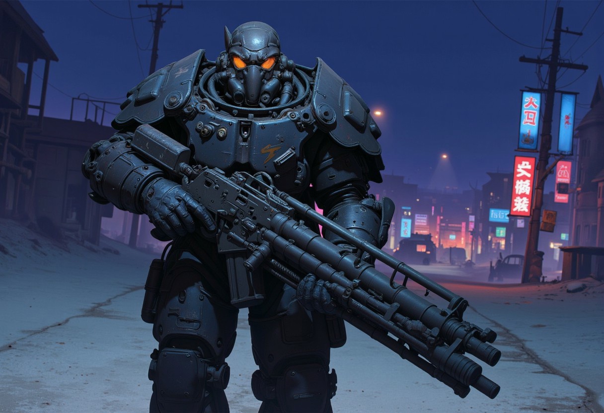 1man, A heavily armored warrior in futuristic black power armor stands confidently, wielding a massive gatling gun. The armor is bulky, with reinforced plating, large shoulder pads, and complex mechanical joints. The helmet has a slit like visor and built from multiple triangular metallic elements, giving the character a rugged, battle-hardened look. The gatling gun features a drum magazine, with visible wiring and mechanical components, emphasizing its powerful nature. The character exudes strength and resilience, with an imposing and intimidating stance, full shot, full body visible, ultra realistic, masterpiece, he walks in a deserted road, distant cyberpunk metropolis, night time, neon light lights the sky.