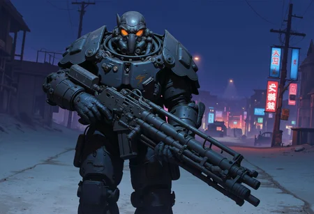 1man, A heavily armored warrior in futuristic black power armor stands confidently, wielding a massive gatling gun. The armor is bulky, with reinforced plating, large shoulder pads, and complex mechanical joints. The helmet has a slit like visor and built from multiple triangular metallic elements, giving the character a rugged, battle-hardened look. The gatling gun features a drum magazine, with visible wiring and mechanical components, emphasizing its powerful nature. The character exudes strength and resilience, with an imposing and intimidating stance, full shot, full body visible, ultra realistic, masterpiece, he walks in a deserted road, distant cyberpunk metropolis, night time, neon light lights the sky.