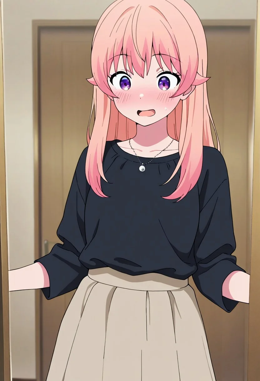 masterpiece,best quality,amazing quality, wakatsuki nico, long hair, light pink hair, purple eyes, 1girl, solo, necklace, jewelry, skirt, blush, shirt, black shirt, open mouth, indoors