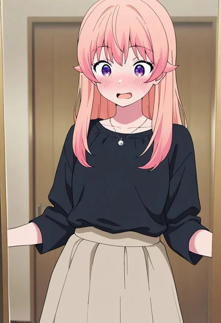 masterpiece,best quality,amazing quality, wakatsuki nico, long hair, light pink hair, purple eyes, 1girl, solo, necklace, jewelry, skirt, blush, shirt, black shirt, open mouth, indoors