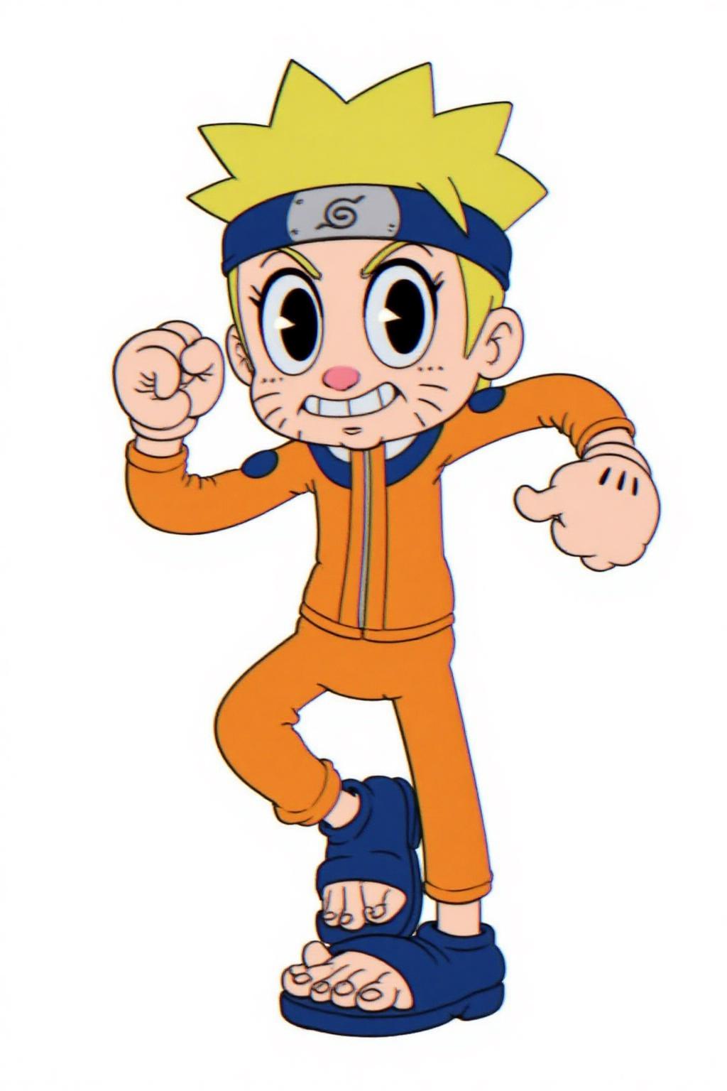 rubber hose animation style.
Naruto Uzumaki from the anime series Naruto, in a dynamic pose. Naruto has large eyes, a mischievous smile, and spiky blonde hair. He wears his iconic orange jumpsuit with a blue headband. He's balancing on one leg.
 <lora:rubberhose1_cap_d8a4:1.0><lora:844394212809222198:0>