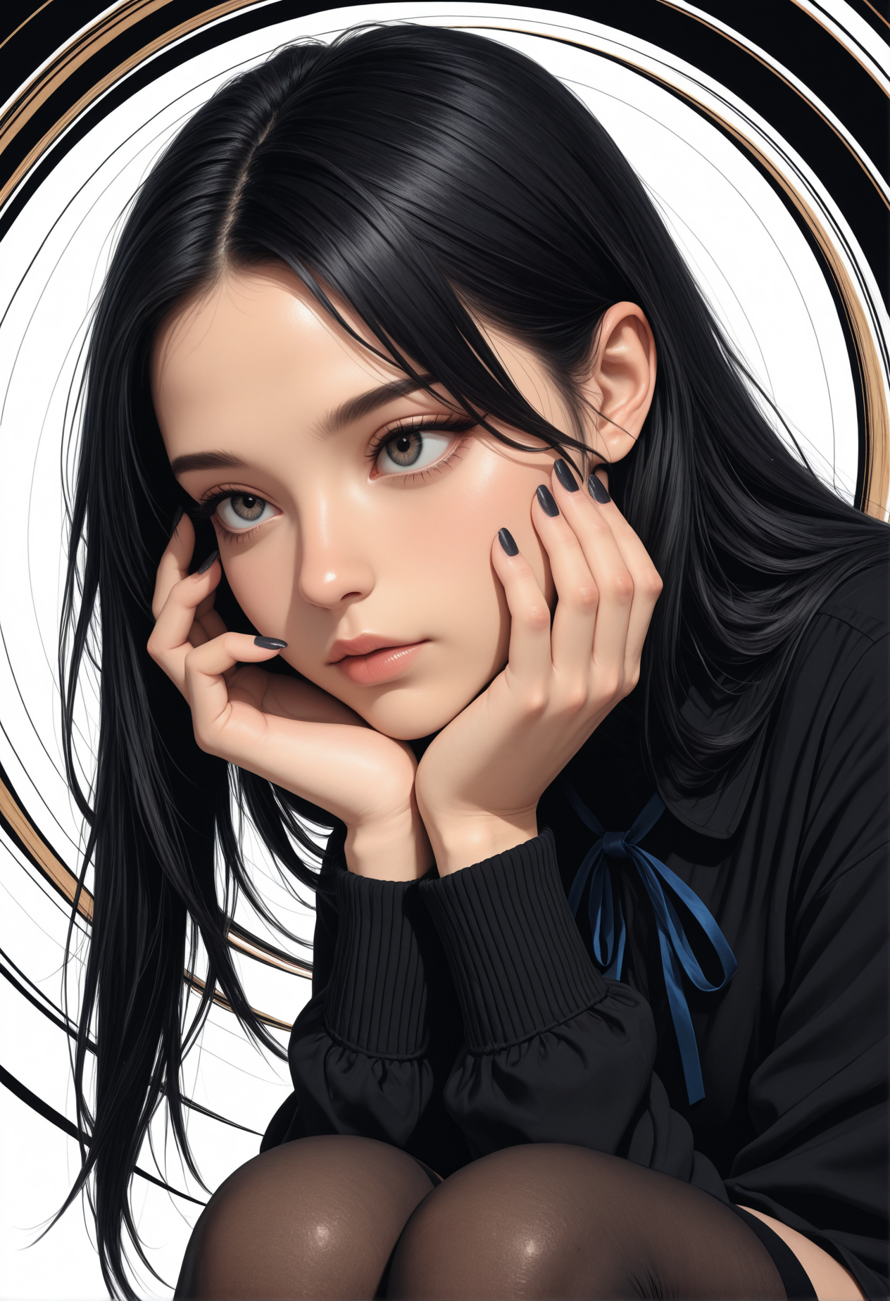 masterpiece, best quality, ultra-detailed, 8k resolution, high dynamic range, absurdres, stunningly beautiful, intricate details, sharp focus, detailed eyes, cinematic color grading, high-resolution texture, photorealistic,
adult, 1woman, very awa, 
white background, abstract background pattern, distortion effect, black,
face view, thigh highs, nails, ribbon, hands on leg, hands near face, eye contact