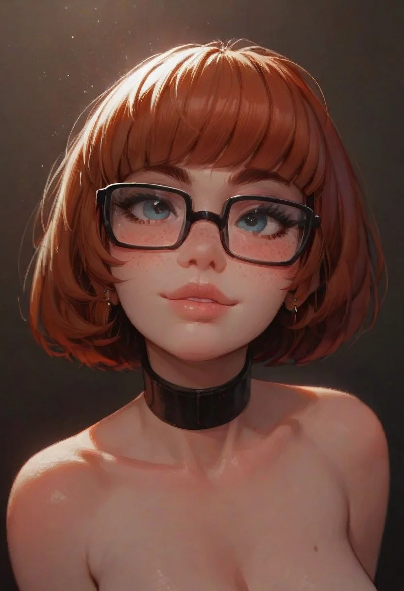 score_9, score_8_up, score_8. score_9, score_8_up, score_7_up, score_6_up, masterpiece, 4k, high quality
1girl, 25 year old beautiful Velma(from scooby doo), thick black lashes, blush, black collar, freckles, sultry look, soft smile, thick glasses, topless, face shot, face focus,