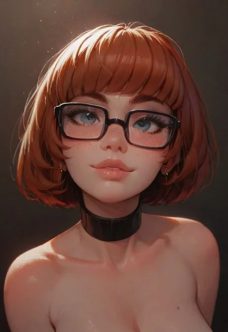 score_9, score_8_up, score_8. score_9, score_8_up, score_7_up, score_6_up, masterpiece, 4k, high quality
1girl, 25 year old beautiful Velma(from scooby doo), thick black lashes, blush, black collar, freckles, sultry look, soft smile, thick glasses, topless, face shot, face focus,