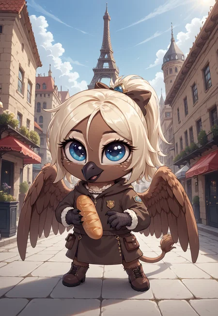 masterpiece, score_9_up, score_8_up, score_7_up, score_6_up, source_furry, (best quality:1.1), ultra-detailed, high resolution, solo, highly detailed macro illustration BREAK 1girl, Vivienne Discret, griffon, avian, anthro, female, (beautiful blue eyes:1.5), (big eyes), (long eyelashes:1.3), beak, light blonde hair, ponytail, bow, brown feathers, feathery ears, wings, black claws BREAK outside, wearing dress BREAK cute, chibi, (holding baguette:1.3) BREAK france, in the city, cobblestone street, sun, sunny, eiffel tower in the distance BREAK sharp focus, perfect lighting, extremely detailed, tranquil setting, high detail, serene, Expressiveh, detailed background, OverallDetail, zPDXL3