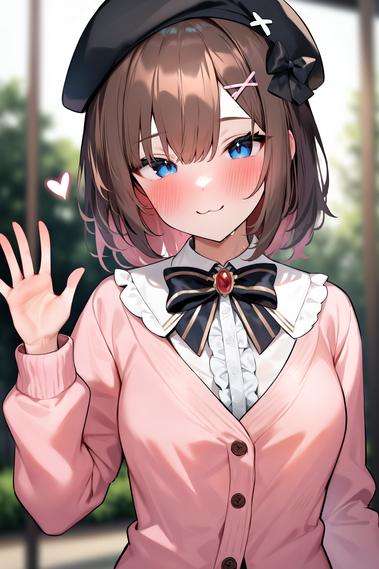 masterpiece, best quality, very aesthetic, absurdres, 1girl,  bow, cardigan, hair ornament, small breasts, center frills, upper body, blue eyes, hat, shirt, :3, pink cardigan, brown hair, blush, x hair ornament, looking at viewer, white shirt, brooch, bangs, bowtie, jewelry, solo, hair bow, beret, black headwear, frills, medium hair, waving, heart, closed mouth, smile, long sleeves, hairclip, striped
,   <lora:Yuyu_AnimagineXL_dim32:1>