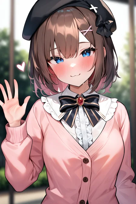 masterpiece, best quality, very aesthetic, absurdres, 1girl, bow, cardigan, hair ornament, small breasts, center frills, upper body, blue eyes, hat, shirt, :3, pink cardigan, brown hair, blush, x hair ornament, looking at viewer, white shirt, brooch, bangs, bowtie, jewelry, solo, hair bow, beret, black headwear, frills, medium hair, waving, heart, closed mouth, smile, long sleeves, hairclip, striped
, <lora:Yuyu_AnimagineXL_dim32:1>