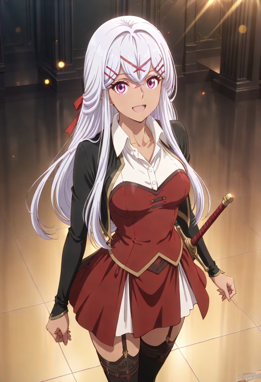 score_9, score_8_up, score_7_up, dynamic view, eye_focus, solo, looking_at_viewer, 1girl, 
masterpiece, best quality, bokeh, luminescent background,
(yulishia,  dark-skinned female, white hair, long hair, hair between eyes, bangs,  purple eyes, hair ornament, hairclip, x hair ornament, hair ribbon, red ribbon, medium breasts,   black jacked, white shirt, collared shirt, wing collar, long sleevs, red dress,  dress skirt, red skirt, black thighhighs, brown boots, scabbard, sword in scabbard, sword,
 ),
portrait, happy,