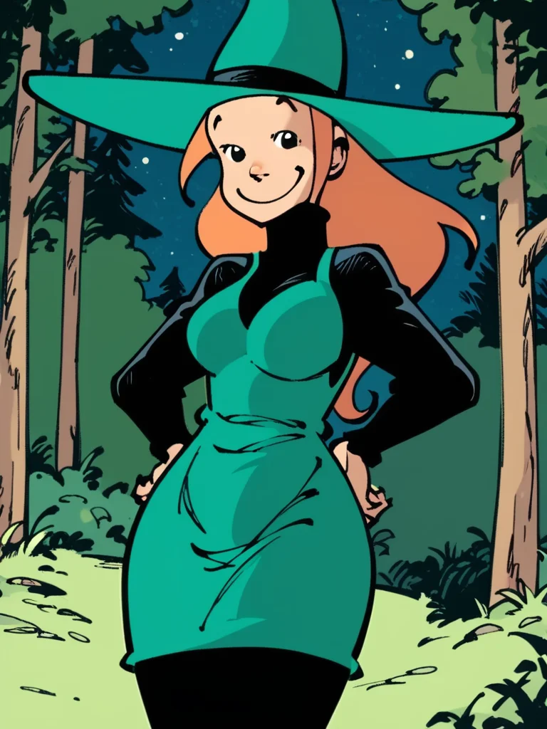 score_9, score_8_up, score_7_up, 1girl, solo, <lora:Melusine:1.15>, melusine, black eyes, witch hat, aqua headwear, black turtleneck, aqua dress, black pantyhose, cowboy shot, looking at viewer, smile, forest, night sky, full moon, hands on own hips,