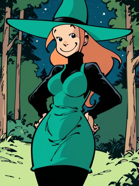 score_9, score_8_up, score_7_up, 1girl, solo,  <lora:Melusine:1.15>, melusine, black eyes, witch hat, aqua headwear, black turtleneck, aqua dress, black pantyhose, cowboy shot, looking at viewer, smile, forest, night sky, full moon, hands on own hips,