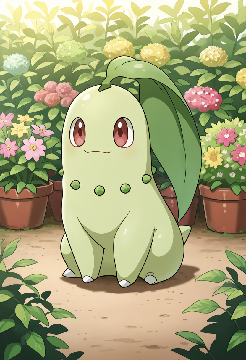 masterpiece, best quality, no humans, solo,    zzChikorita, sitting, flower garden,    ,<lora:ChikoritaPokedex_IXL:1.0>,