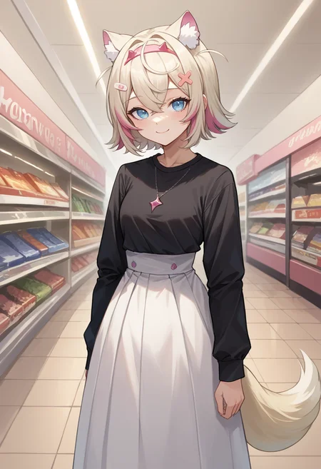 score_9, score_8_up, source_anime, 1girl, solo, MococoAbyssgard, short hair, streaked hair, hairband, hairclip, tail, high-waist skirt, long skirt, white skirt, black shirt, long sleeves, smile, standing, indoors, shopping mall, <lora:ChamMococoAbyssgardPonyXL:1>