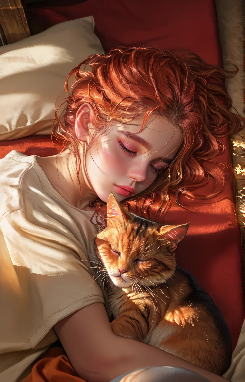 score_9, score_8_up, score_7_up, score_6_up, ultra highres, absurdres, (realistic face, best quality, ultra detailed),8k, Exquisite color design,
cute girl, auburn hair, livingroom, rug, sleeping on rug, cat ears, wooden floor, cuddle orange cat, t-shirt, close up,
highly detailed, intricate details in hair, masterpiece, best quality, perfect lighting
<lora:S1_Dramatic_Lighting_v2:0.3> s1_dram <lora:incase-ilff-v3-4:0.25> <lora:kyuyong:0.9> kyuyongeom <lora:kurtzXLP:1> kurtz
