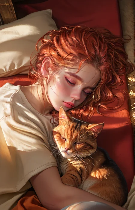 score_9, score_8_up, score_7_up, score_6_up, ultra highres, absurdres, (realistic face, best quality, ultra detailed),8k, Exquisite color design,
cute girl, auburn hair, livingroom, rug, sleeping on rug, cat ears, wooden floor, cuddle orange cat, t-shirt, close up,
highly detailed, intricate details in hair, masterpiece, best quality, perfect lighting
<lora:S1_Dramatic_Lighting_v2:0.3> s1_dram <lora:incase-ilff-v3-4:0.25>   <lora:kyuyong:0.9> kyuyongeom <lora:kurtzXLP:1> kurtz