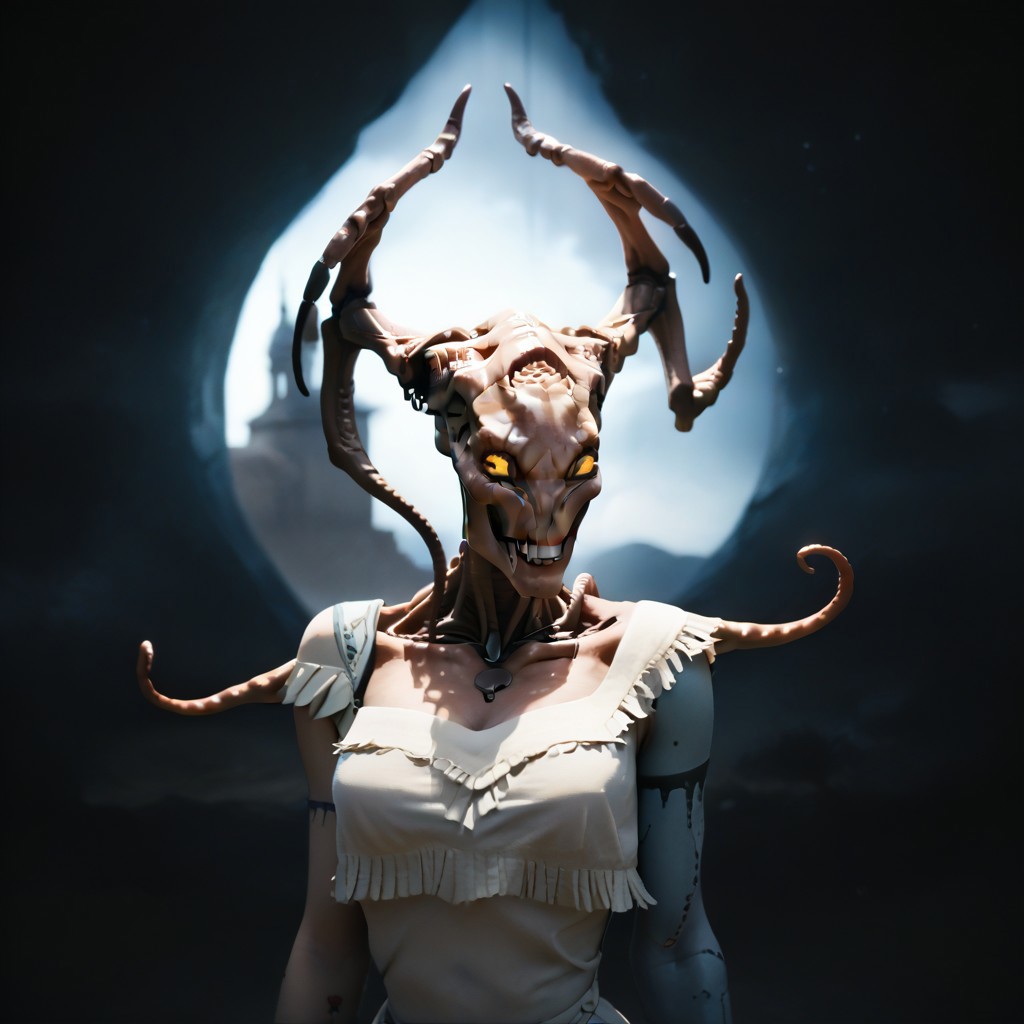 weird woman, erotic, 19yo, portrait, strange feathers, score_9, score_8_and_up, PocahontasXLP, strapless, cleavage, big smile, alien eyes