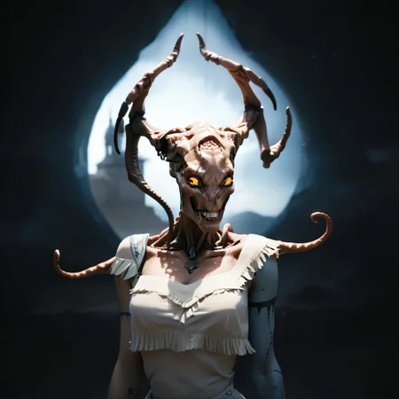 weird woman, erotic, 19yo, portrait, strange feathers, score_9, score_8_and_up, PocahontasXLP, strapless, cleavage, big smile, alien eyes