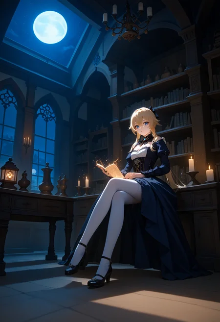 score_9, score_8_up, score_7_up, 1girl, magic, scrolls, jean_(genshin_impact), genshin_impact, blonde_hair, blue_eyes, dutch angle, crossed wrists, cinematic shot, moonlit night, full moon, hentai, 4lch3my_l4b.safetensors, <lora:4lch3my_l4b.safetensors:1.0>