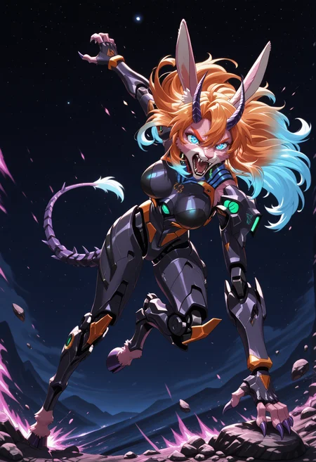 masterpiece, best quality, good quality, very aesthetic, absurdres, newest, dutch angle, focused subject, shouting, (solo), hand on rock,
night, starry sky, 
<lora:Vhenra:1> vhenra, purple claws, hooves, gradient hair, purple horns, orange hair, blue hair, long hair,  fangs, orange eyebrows, rabbit ears,  blue eyes, pink fur, anthro, 
<lora:NM_Eva_01:0.3> NM_Eva_01, evangelion (mecha), mecha, robot, humanoid robot, glowing eyes, glowing, horns, science fiction, mechanical horns, black outfit, 
<lora:Exosuit:0.6> cyb3r3x0, mecha, exoskeleton, mecha musume, robot
<lora:reij-rt:1> <lora:spo_sdxl_10ep_4k-data_lora_webui:1>