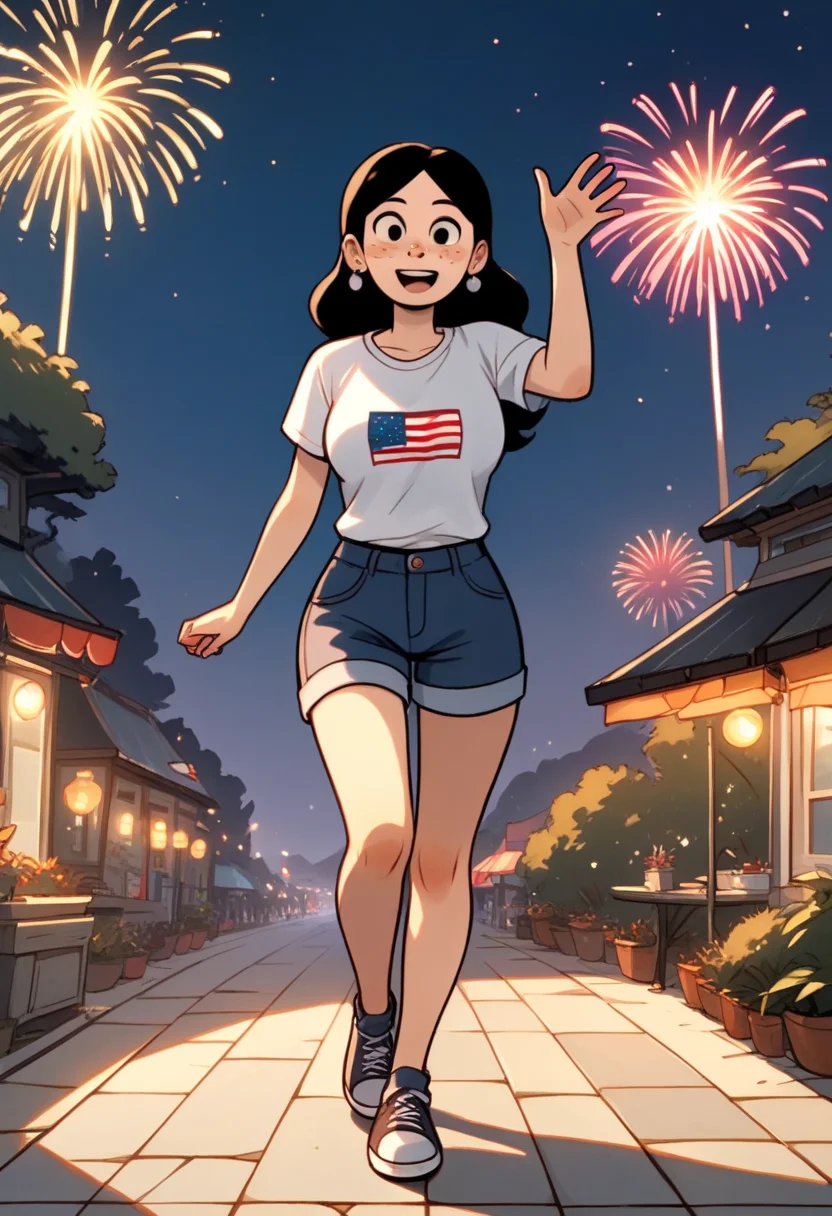 score_9, score_8_up, score_7_up, score_6_up, score_5_up, 1girl, solo, full body,
(source_cartoon),
<lora:Anya Borzakovskaya (Anya's Ghost):0.9>
Anya_B, pale skin, white skin, freckles, blush stickers, black hair, long hair, dark eyes,
earrings, (eyes open), excited,
fireworks, patriotic, (American colors, red, white, blue),
large breast, waving hand, holding flag, clothes,
outdoors, night time, night sky,
<lora:Expressive_H:0.7> Expressiveh,
<lora:add-detail-xl:0.9>
<lora:light:1.0> neolight,