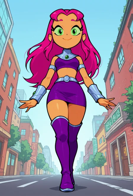 score_9, score_8_up. score_7_up, masterpiece, detailed, detailed lips, perfect face, cute face,young face,perfecteyes,1 girl,(naked),covered small breasts,solo,Starfire ttg,pink hair,long hair, green eyes, orange skin, armlet, gorget, bracer,purple crop top, midriff, purple skirt,green sclera, breasts, (purple thigh high boots with metal trim),on back,(low view),((front view)), floating,sleeveless,happy,wide smile,city,buildings,trees,asphalt street,sky,hands at sides,looking at viewer,closed mouth,upright position,facing viewer,day,STYLE PARODY,shortstack,ttg style,boots with silver trim,flat colors,floating off the ground,orange brown lips