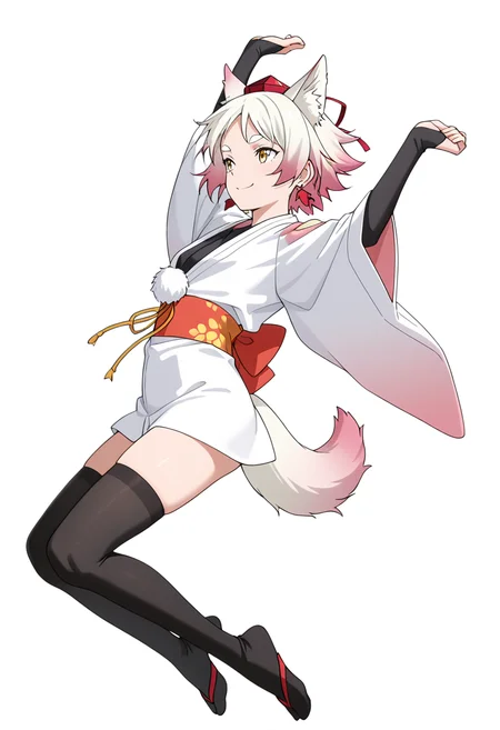 Smooth Quality,masterpiece,very intricate, high quality details, ultra realistic, high detailed skin,detailed enviorement,absurdres,
simple background, white background,solo,
jumping, arms raised, legs bent, happy face, energetic posture, ,from side,forced smile,
<lora:Momiji_cnn:0.8> momijicnn,1girl, wolf ears, yellow eyes, white hair, pink hair, short hair, gradient hair, thick eyebrows,tokin hat, japanese clothes,white kimono,sash, black thighhighs, long sleeves, bridal gauntlets,earrings, pom pom (clothes), tail,