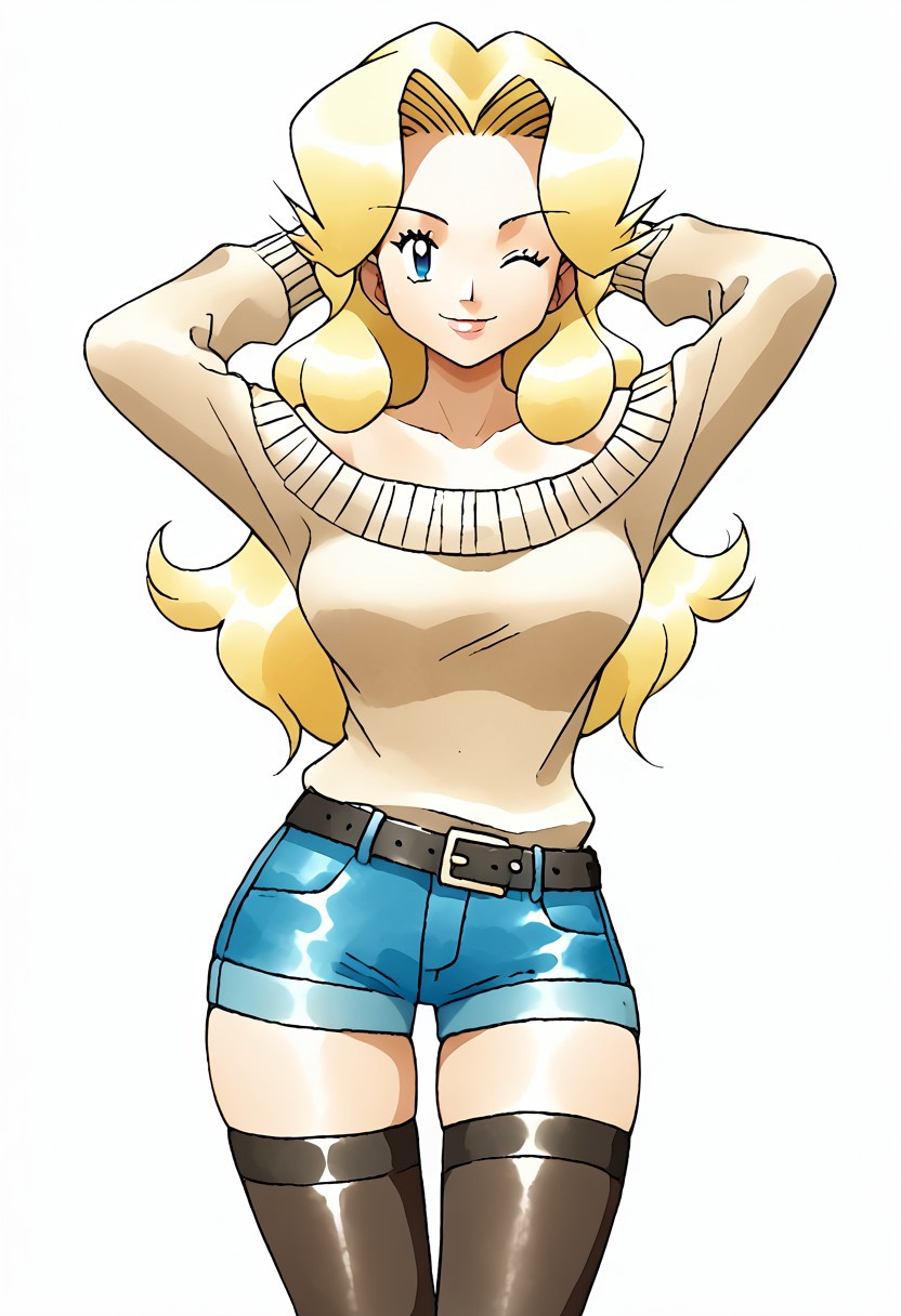 (source_anime, score_9, score_8_up, score_7_up:1), 1girl, solo, trainerallie, allieoutfit, beige off-shoulder sweater, denim shorts, thigh highs, (large breasts:0.75), (pink lips:0.75), looking at viewer, smile, winking, arms raised, cute, simple background, ken sugimori, watercolor \(medium)\