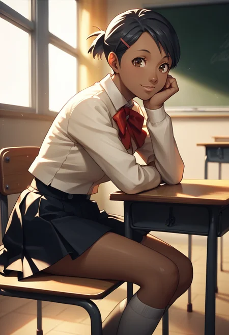 score_9, score_8_up, score_7_up, source_anime, 1girl, looking at viewer, smile, sitting, head rest, <lora:zs_YukoXL:1> yukop3, short hair, hairclip, dark skin, brown eyes, black hair, gekkoukan high school uniform, skirt, socks, classroom