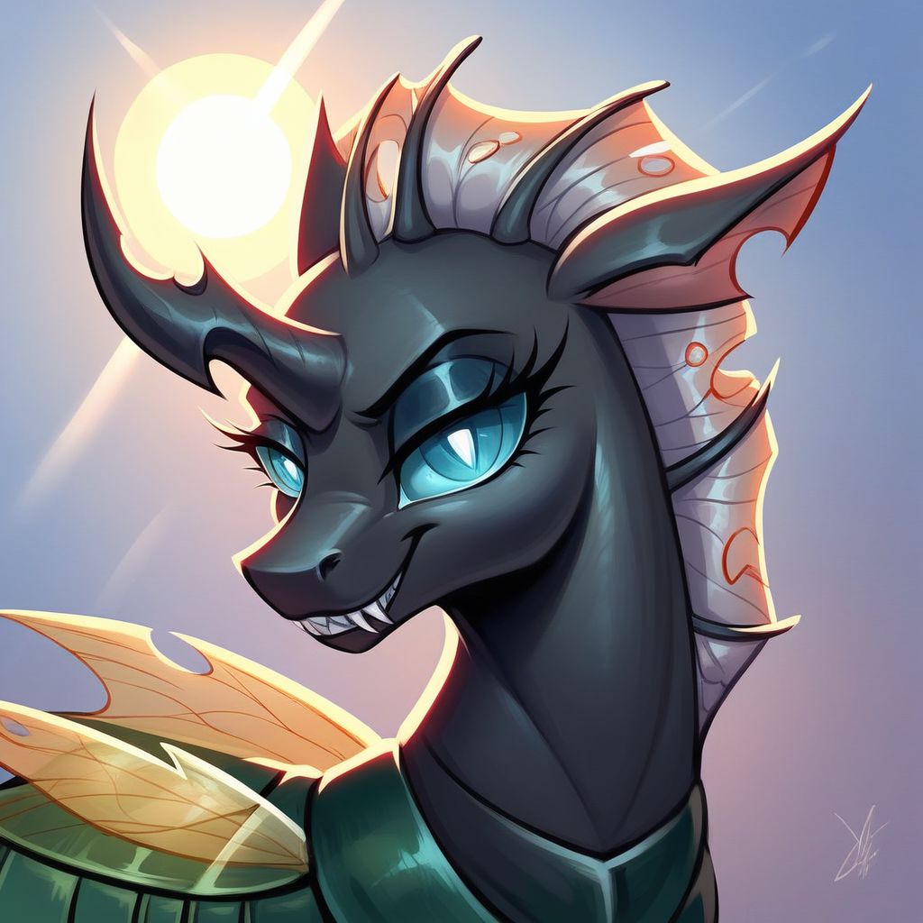 masterpiece, score_9, score_8_up, score_7_up, (best quality:1.1), ultra-detailed, high resolution, beautiful detailed eyes, Long eyelashes, Looking At Viewer, Highly Visible, 8k, from Equestria at War, Changeling, g4, female, feral, portrait of a leader, ruler of the Greneclyf nation, Changeling supremacist, sharp focus, perfect lighting, beautiful eyes, smooth black chitin armor, holey hoofs, crooked magic horn, jagged pony ears, insect wings, sharp teeth, long eyelashes, yelow irises eyes, yelow membrane mane, yelow membrane tail, anatomically correct, extremely detailed, sun rays cutting through dark clouds, shine on body, high detail, evil face, sharp teeth, predatory smile, Expressiveh, OverallDetail