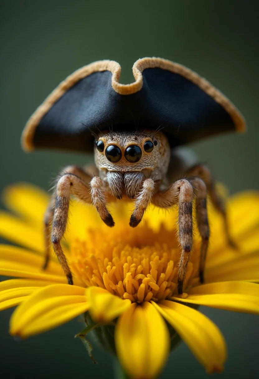 A mischievous spider in a pirate hat atop a vibrant yellow flower appears to move its legs and gaze around curiously, the camera zooming in for a close-up view of its detailed features and the dramatic contrast between the arachnid and the delicate bloom. cinematic_1940s