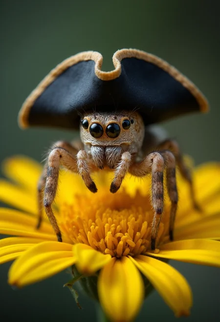 A mischievous spider in a pirate hat atop a vibrant yellow flower appears to move its legs and gaze around curiously, the camera zooming in for a close-up view of its detailed features and the dramatic contrast between the arachnid and the delicate bloom. cinematic_1940s