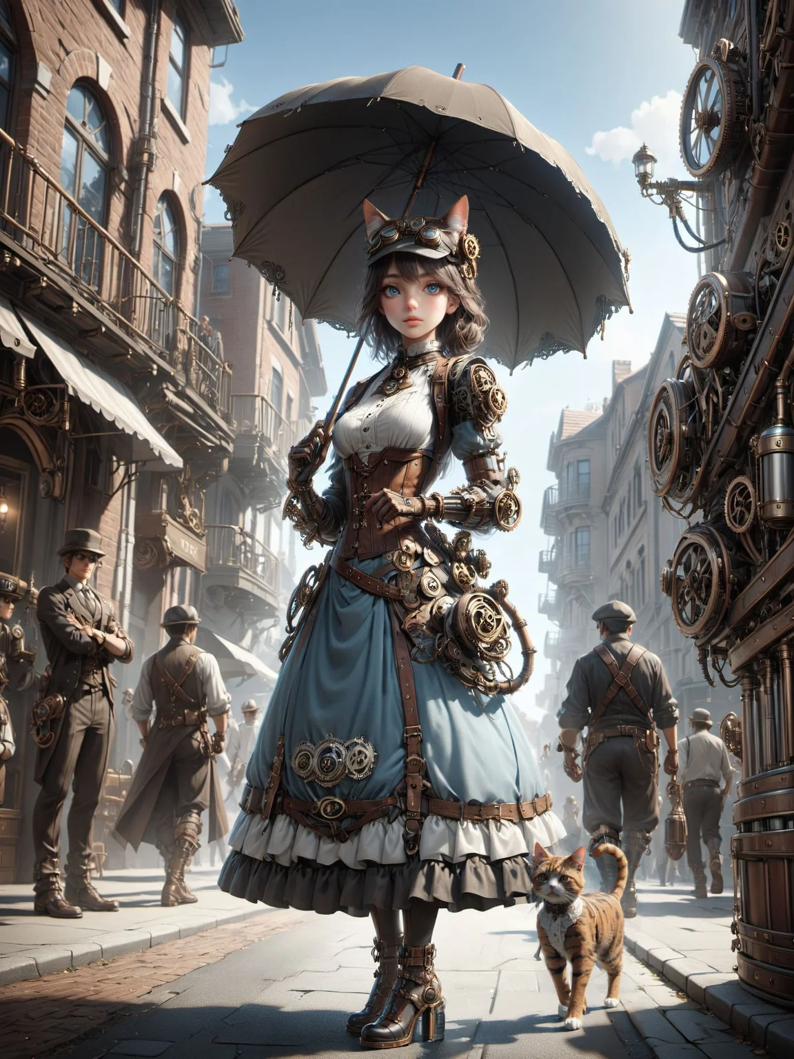 (female cat:1.2) wearing a steampunk dress and flatcap with googles and mad-mecharm arm holding an umbrella walking down busy street, steampunk, steam, vignette, light rays, people doing chores, cinematic shot, dramatic lighting, blue sky,  <lora:Gearbound_Mechanical_Arm_SDXL:0.8> <lora:Gearbound_Steampunk_Chic_1_SDXL:0.8> mad-stpk-bts, mad-stpk_glvs, mad-stpk-bkpk, steampunk, (masterpiece:1.2), best quality, (hyperdetailed, highest detailed:1.2), high resolution textures