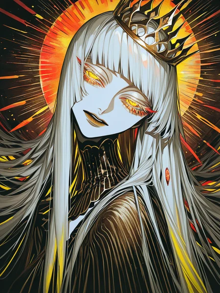 perfect composition, very awa, jaggy lines, limited palette, spot color, colorful, acid_trip, abstract background, limited palette, traditional media, dutch angle, foreshortening, face focus, watercolor pencil \(medium\),
1girl, upper body, solo, multicolored hair, straight hair, yellow eyes, half-closed eyes, solid circle pupils, gold_trim, neon palette, parted lips, nail_polish, hair ornament, parted_bangs, head tilt, hairclit, black_skin, detached collar, long colored eyelashes, colored eyelashes, crown, from side, halo, <lora:vivid:0.5>, <lora:Au_(D_Elete)-ill-Fandingo:.7>