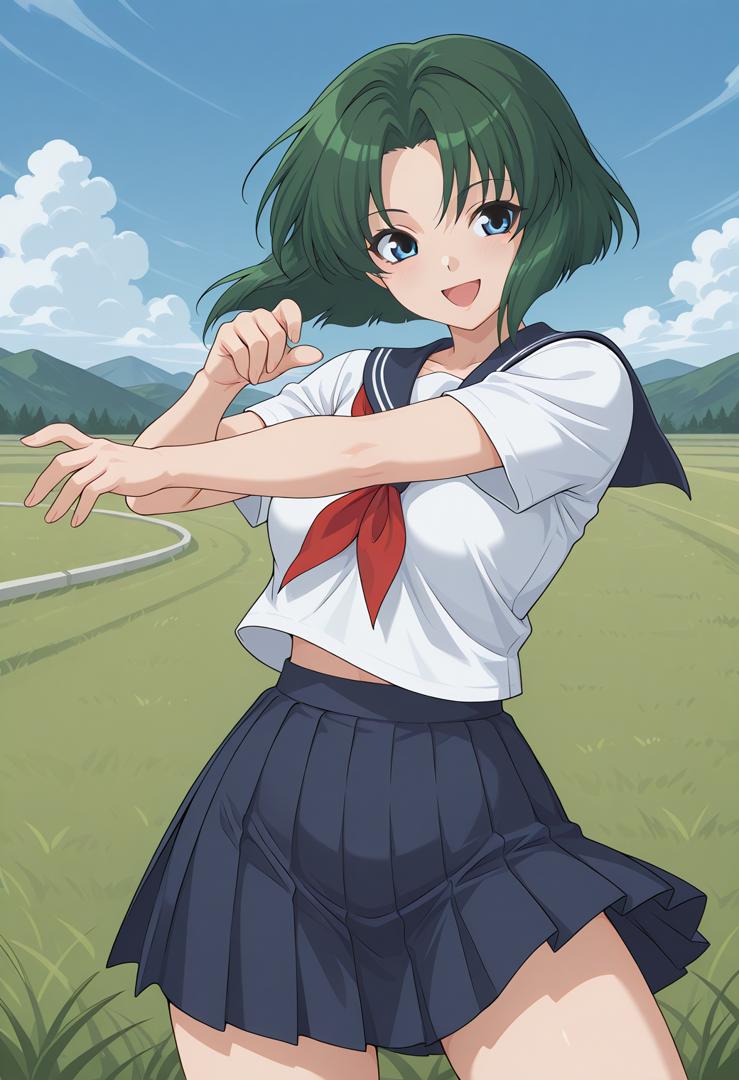 sonic_cat, blue eyes, green hair, short hair, school uniform, serafuku, pleated skirt,  <lora:sonic_cat_illustrious_ver1:0.8> 
smile, open mouth,, masterpiece, best quality, sensitive,, 1girl, solo, blue sky, (grasslands:1.2), looking at viewer,, (cowboy shot, dynamic pose:1.4),