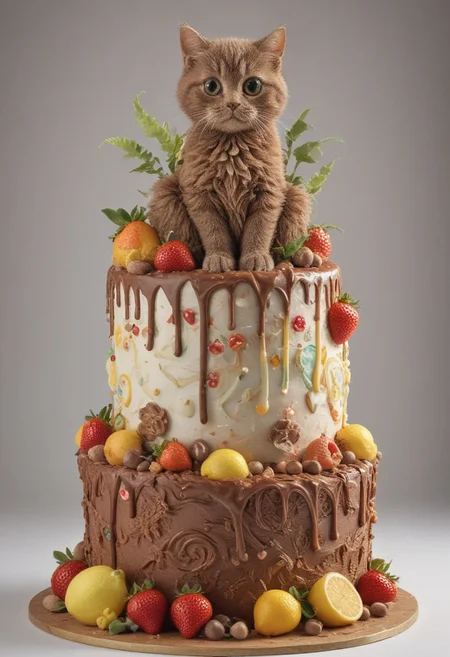 Masterpiece, unique background, dynamic shot, hyper-maximalist, detailed, detailxl, smooth 3D cartoon style, a vibrant colorful cake for kids that mimics a landscape made of (ais-lmnsgr; milk; chocolate; lemon; sugar; strawberries;), it has river, sun, trees, mountains. BREAK (There's a cute little cat sitting over the cake with large expressive eyes; detailed fluffy fur; cute little paws, and fluffy tail.)
