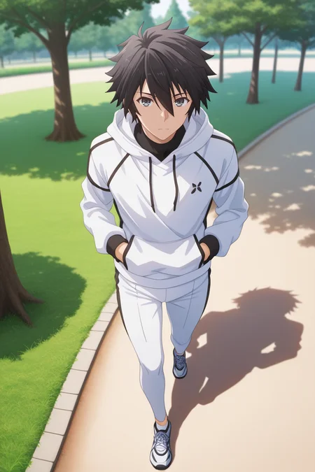 masterpiece, best quality, amazing quality, very aesthetic, high resolution, ultra-detailed, absurdres, newest, scenery, volumetric lighting, depth of field,anime screencap , , , 1boy, solo, male focus, <lora:ikki:0.77>,ikki kurogane, black hair, grey eyes,short hair,spiky hair,shirt,hair between eyes,jogging clothes,white pant,white hoodie,hood,outdoor,full body,looking at viewer,standing,from above,park,tree,grass,
