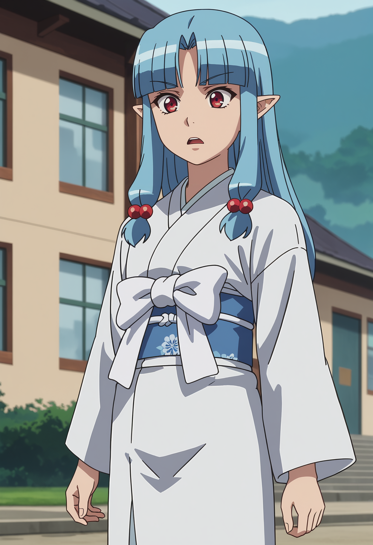 score_7_up, anime screencap,
<lora:Tsugumomo_KirihaXL:0.9>,
1girl, solo, parted lips, surprised,
long hair, blue hair, red eyes, parted bangs, blunt bangs, pointy ears, hair beads,
KirihaKimono, white kimono, long sleeves, blue sash, white ribbon,
standing, looking at viewer, (cowboy shot:1.2),
blurry background, outdoors, school building