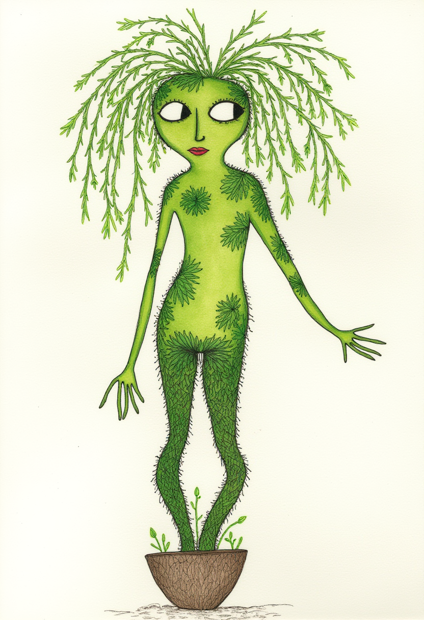 felt pen and watercolor drawing, margeougreve, describe a surrealist picture of a plant woman, with moss, vine and grass skin, wearing ivy nipple covers. her legs are rooted in the soil, in a flower pot. Her hairs are a weeping willow. surprised expression. intricate details and flowers, masterpiece, dynamic pose, empty space on top of the composition, dramatic lighting