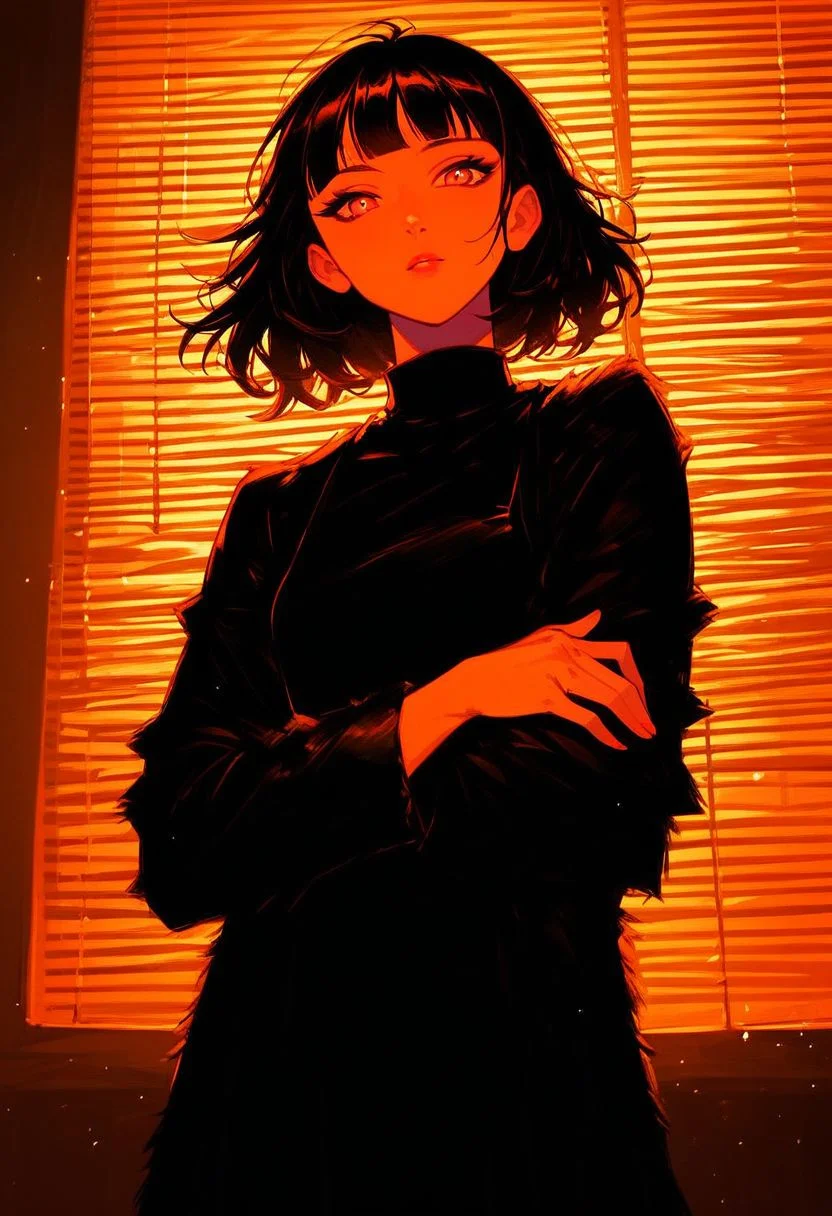 /1/ score_9, score_8_up, score_7_up, score_6_up, score_5_up, score_4_up, score_9, score_8_up, score_7_up, (4k quality, masterpiece):1.4), ( best quality:1.1), glowing neon colors, 50 mm lens,
3/4 view, cowboy shot,
1woman, (Italian:1.3), black hair, (bangs), straight hair,
film noir dress, (black dress:1.5), fur coat, (black fur coat), arms crossed under breasts,
Medium breasts, high breasts, looking at viewer,
in front of a window, dark detective office, vintage room,Expressiveh
v3n3t14n, venetian blinds lighting, low light, dark room, lined lighting, light particles, neon lighting through windows,
Silhouette, high-contrast, rim lighting,