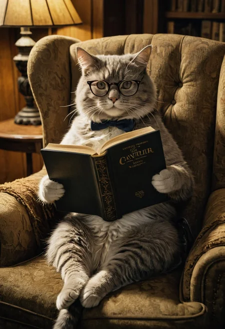 A charming elderly cat is depicted sitting in an armchair, adorned with spectacle glasses and engaging in the act of reading a book. This captivating scene is presented as a cinematic film still, featuring film grain, a vignette, and expertly applied color grading and post-processing techniques. Employing cinematic lighting and reminiscent of 35mm film, this live-action, high-quality production exudes an atmospheric, awe-inspiring, and dramatic masterpiece that can only be described as epic and stunning.