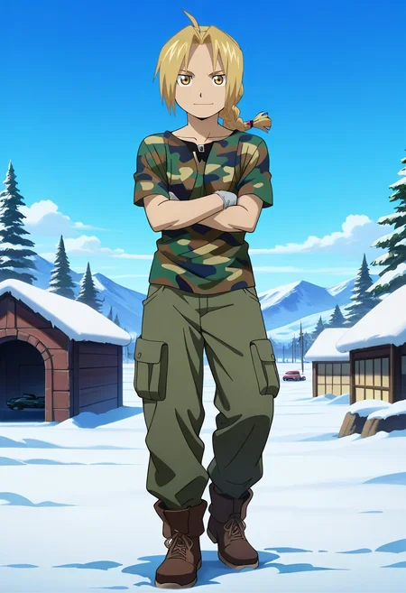 masterpiece, best quality, , anime screencap, , , looking at viewer, 1boy, solo, male focus, <lora:edward_elric_ilxl:0.9>, edward_elric, blonde hair, yellow eyes, single braid, braided ponytail, , straight-on, snowy town, snow, ice, stalagmite, noon, arms under breasts, light smile, Convertible cargo pants, Camouflage shirt, Derby shoes, , and