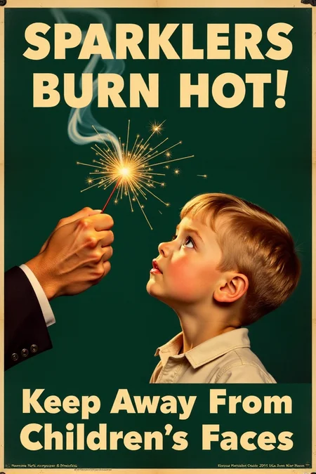 A classic, almost propaganda-style vintage poster featuring a strong, authoritative hand firmly holding a lit sparkler away from a child's face. The child looks up with a slightly disappointed expression, but the overall message is one of safety. The background is a simple, dark green. White, uppercase text declares: "SPARKLERS BURN HOT! Keep Away From Children's Faces."  <lora:REMEs_War_Poster_Style:0.95> In REME's War Poster Style,âââ