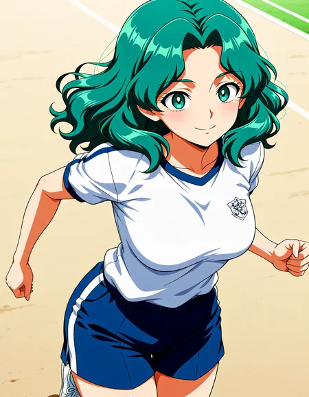 <lora:dmd2_sdxl_4step:1>,official style,masterpiece,best quality,newest,absurdres,highres,very awa,<lora:Sailor_Neptune_v3:1>,kaiou michiru,solo,green eyes,green hair,medium hair,medium breasts,gym_uniform,smile,running,