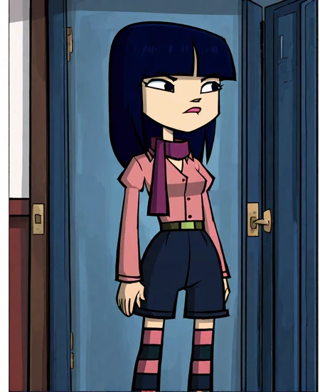 masterpiece, absurd res, highest quality, 4k, <lora:Debbiekangillustrious:1>, debbie kang, 1girl, solo, long hair, black hair, thighhighs, blue hair, striped, scarf, striped thighhighs, dark blue hair, bangs, blunt bangs, lips