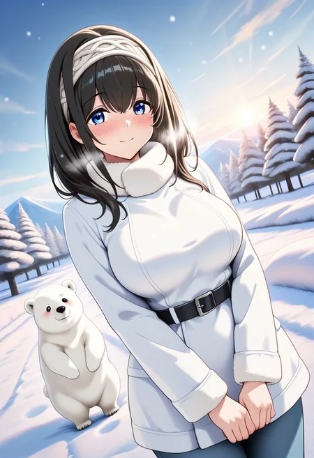 masterpiece, best quality, newest, absurdres, highres, anime,
fumika sagisawa, blue eyes, black hair, long hair, large breasts,
blush, smile,
winter clothes,
1girl, solo,
outdoors, winter,
Animal Christmas, cute animal, polar bear,
dutch angle,